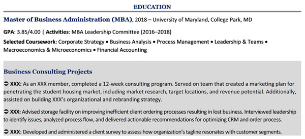 Resume GPA, Coursework, and Project - 1st example