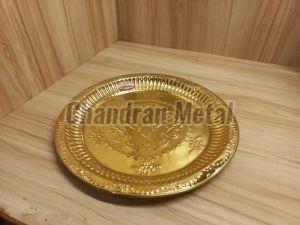 Polished 8 Inch Round Brass Pooja Thali, Color : Golden for Worship