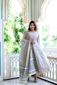 Hand Block Printed Anarkali Kurta Pant Set With Dupatta