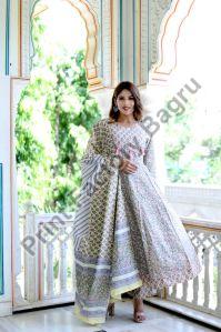 Hand Block Printed Anarkali Kurta Pant Set With Dupatta