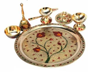 Polished Brass Pooja Thali Set, Color : Golden 10 Inch, Packaging Type : Box