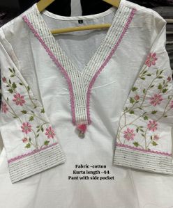 Ladies White Cotton Kurta Pant Set