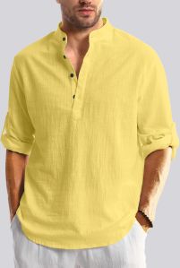 Mens Yellow Cotton Short Kurta Shirt